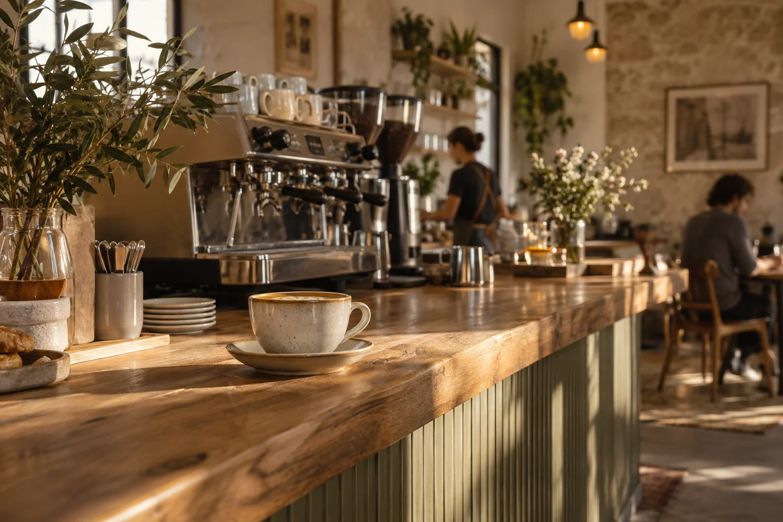 Coffee on the counter of a cozy small café